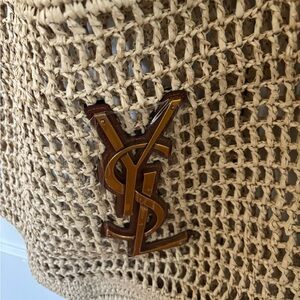 Yves Saint Laurent Beige Crochet Tote with Logo Accent
